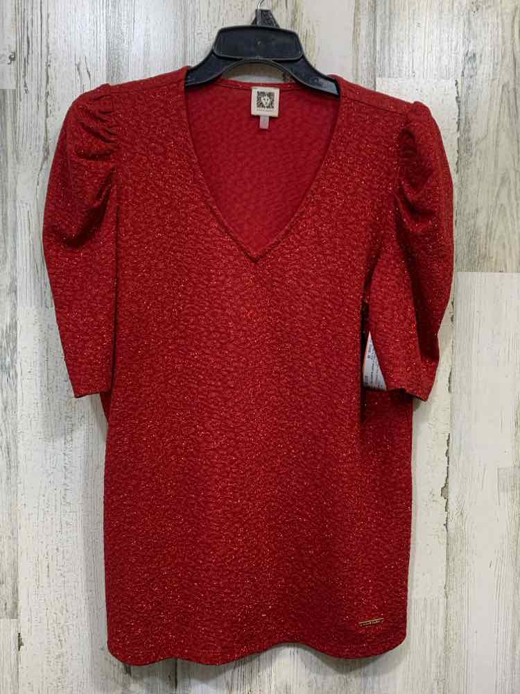 PRE-OWNED ANNE KLEIN Tops Size M Red SPARKLES SHORT SLEEVES TOP/RED SPARKLE SHOR