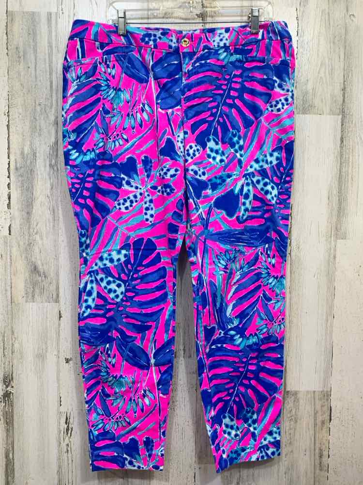 PRE-OWNED Size 16 LILLY PULITZER BOTTOMS BLUE/AQUA/PINK Floral Pants/BUTTON W/ 2