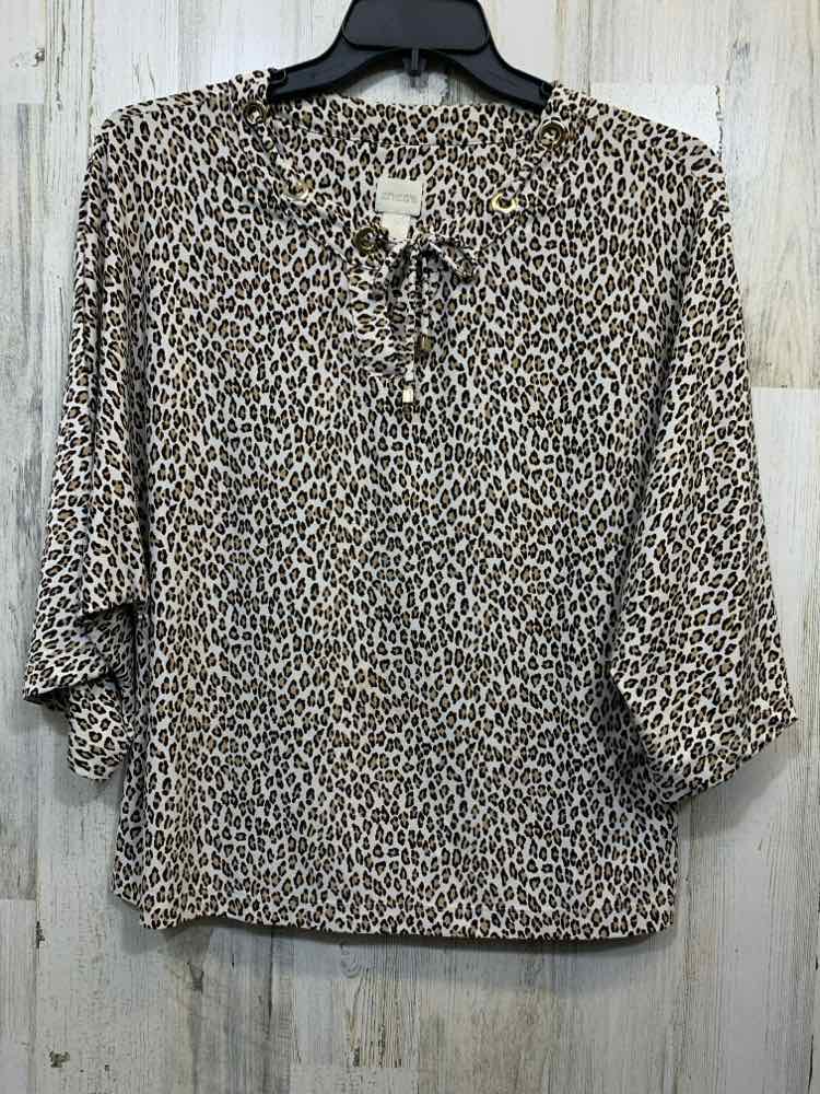 PRE-OWNED CHICOS Tops Size 2 WHITE/BROWN/TAN CHEETAH 3/4 SLEEVE TOP/WHITE/BROWN/