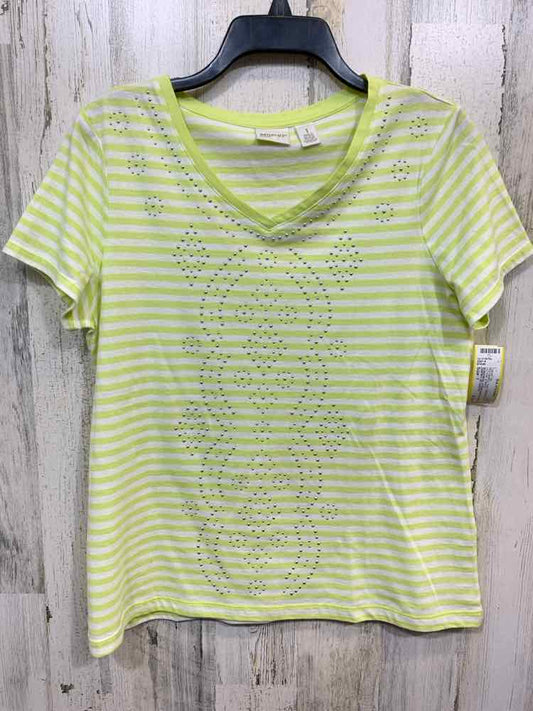 PRE-OWNED ZENERGY BY CHICO'S/HORIZONTAL STRIPE SHORT-SLEEVE V-NECK W/ METALLIC E
