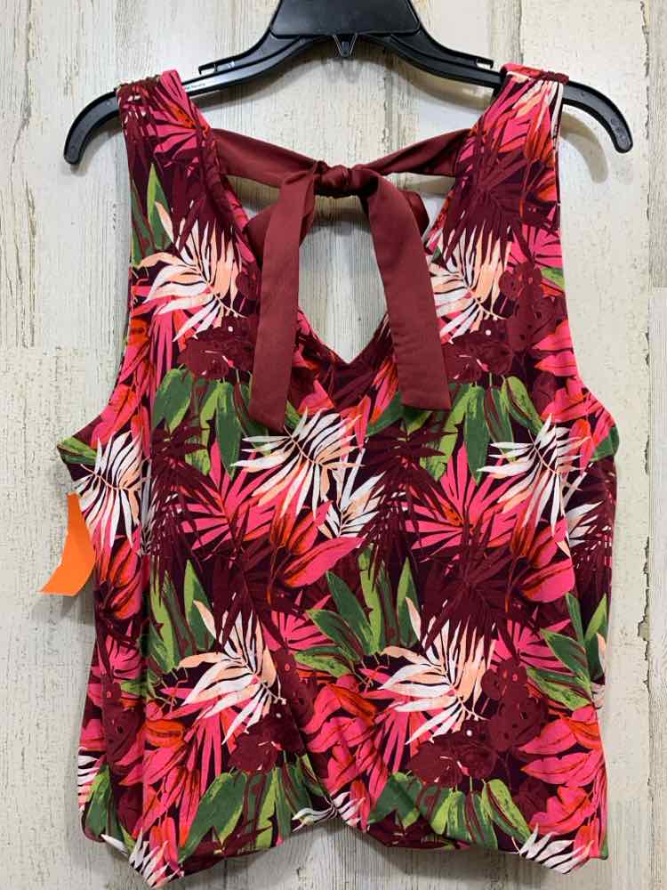 PRE-OWNED LANDSEND Tops Size L BRGY/GRN/WHT/PNK LEAF PRINT VNECK Blouse/TIE DETA