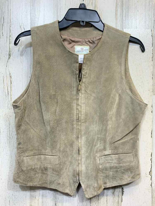 PRE-OWNED SUSAN BRISTO;L Tops Size 6 Taupe Suede /ZIP UP VEST W/ 2 SLIT POCKETS
