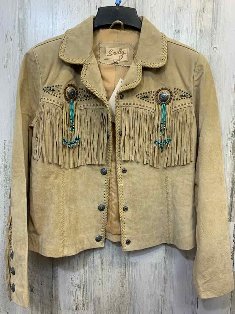 NWT SCULLY JACKETS / COATS Size L Beige LEATHER Jacket FRINGE & BEADED BOAR SUED