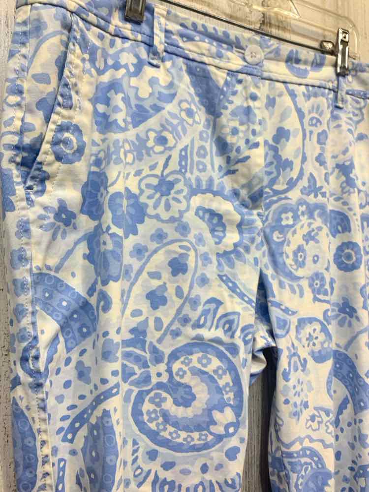 PRE-OWNED Size 12P TALBOTS BOTTOMS FLAT FRONT WHT/BLU FLORA/PAISLYL CAPRI