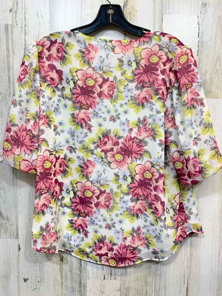 PRE-OWNED CATO Tops Size L WHT/YLLW/MAROON/PINK Floral 3/4 SLEEVE Blouse/FLORAL