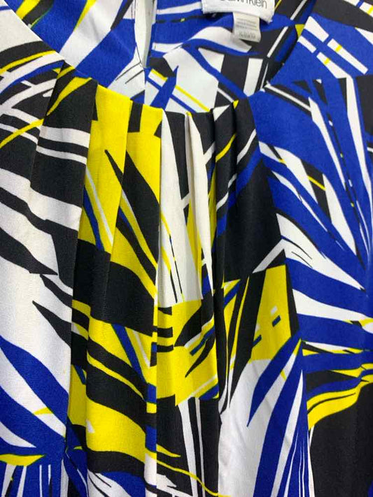 PRE-OWNED CALVIN KLIEN Tops Size XL BLK/WHT/BLU/YLOW ABSTRACT SLEEVELESS Blouse