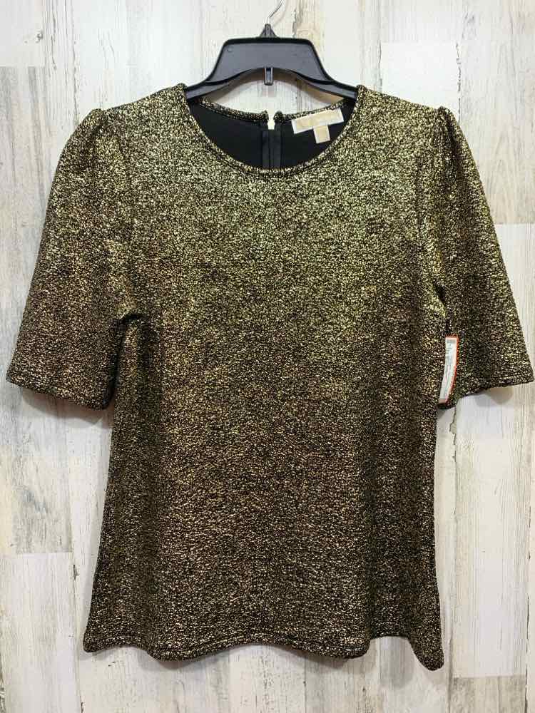 PRE-OWNED MICHAEL KORS Size L Tops BLK/GOLD SHORT SLEEVES METALLIC FOIL Blouse