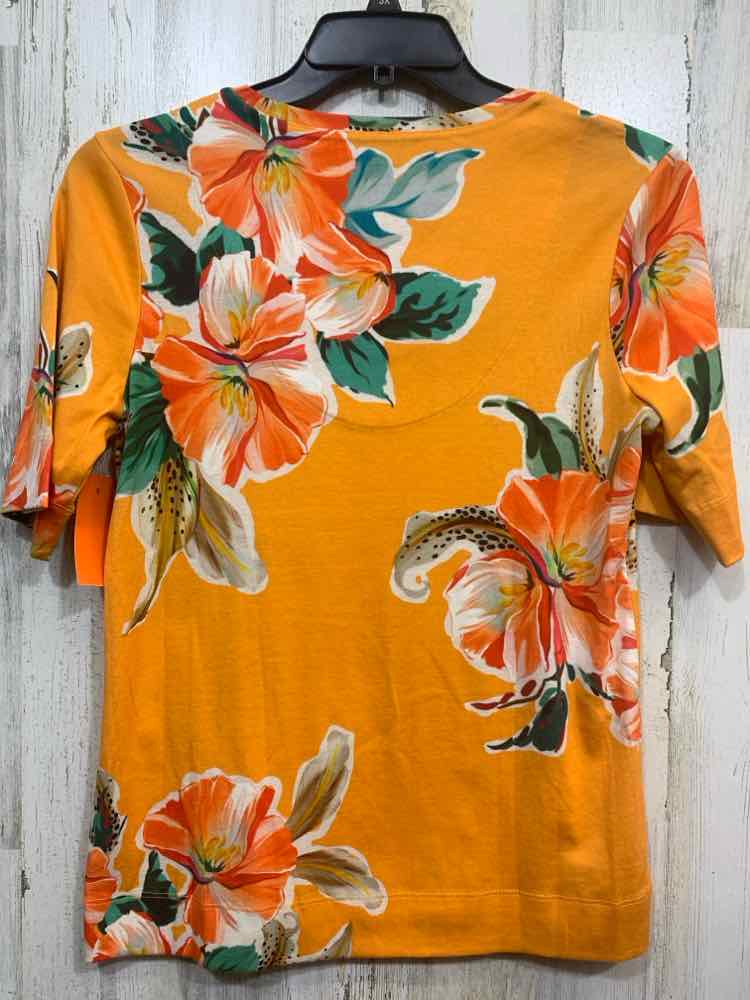 PRE-OWNED CHICO'S Size 1 Tops Orange Floral SHORT SLEEVES V NECK Blouse