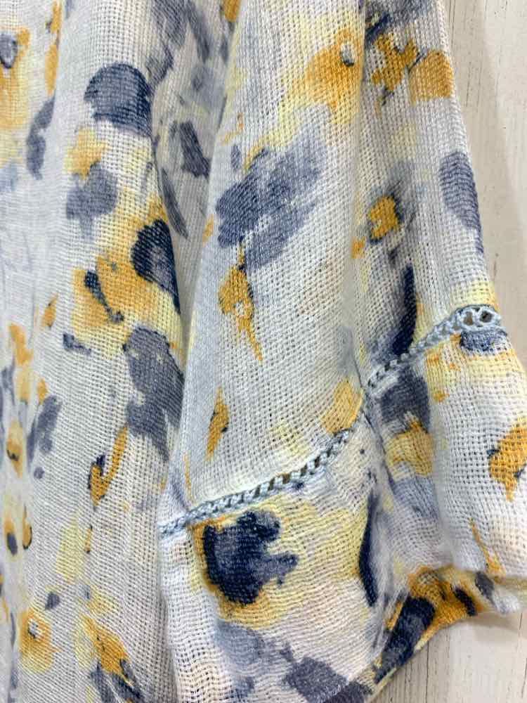 PRE-OWNED PUREJILL Tops Size L WHITE/BLUE/YELLOW Floral 3/4 SLEEVE Blouse