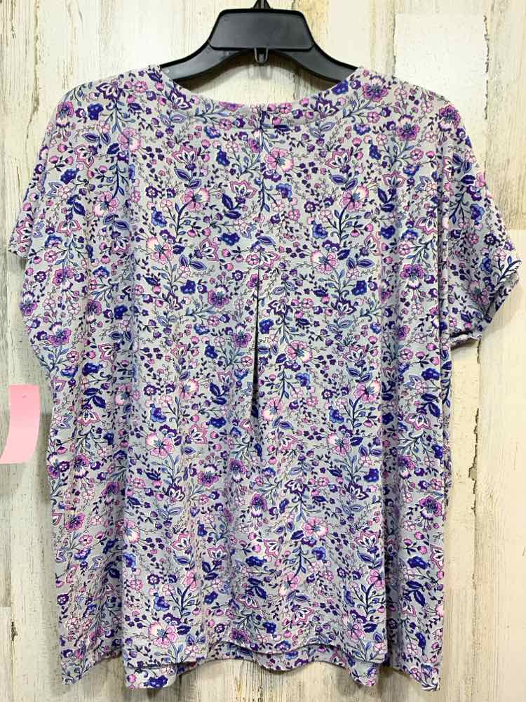 PRE-OWNED J.JILL Tops Size L GRY/PNK/PURP Floral SHORT SLEEVES Blouse
