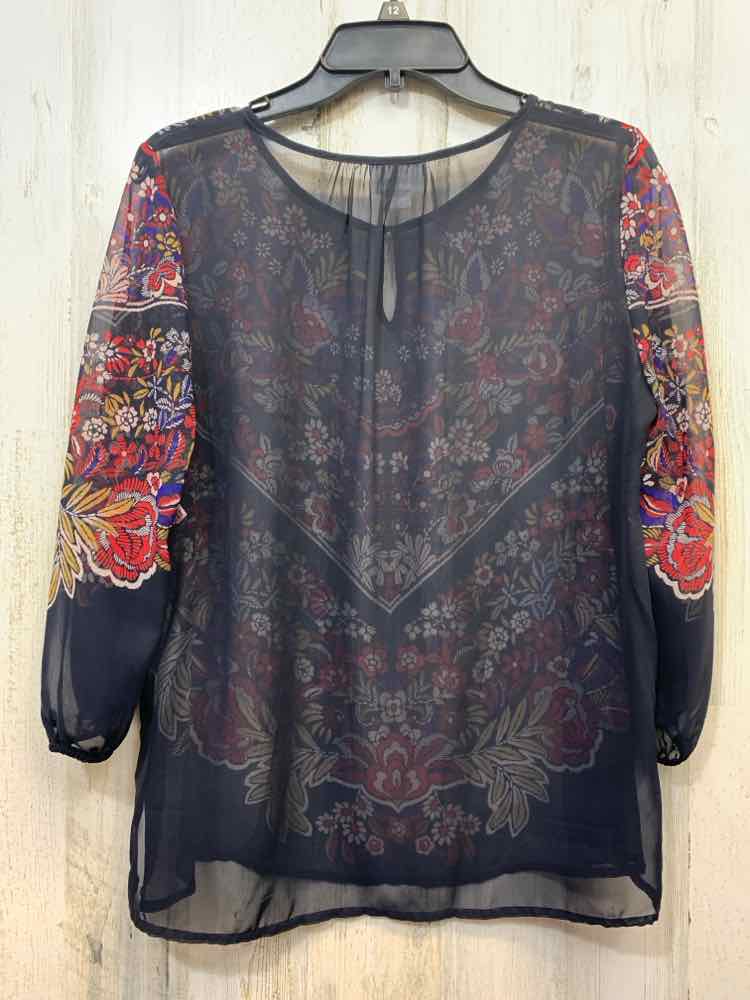 PRE-OWNED LIZ CLAIBORNE Tops Size M NAVY/RED/TAN Floral SHEER TOP/SHEER LONG SLE