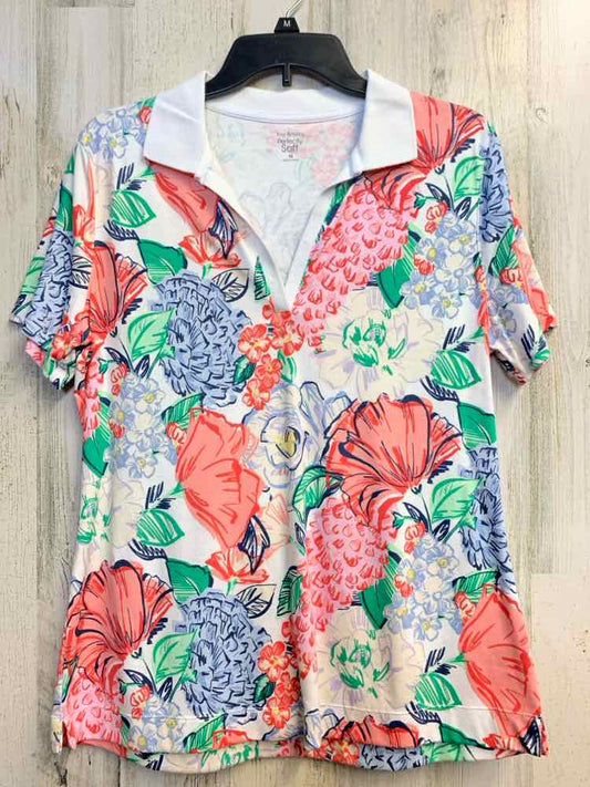 PRE-OWNED KIM ROGERS Tops Size M WHT/MULT-COLOR Floral SHORT SLEEVES TOP