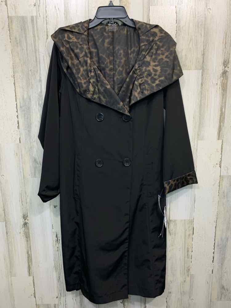 NWT JONES NY LONG BLACK TRENCH COAT W/ LEOPARD COLLAR TRIM