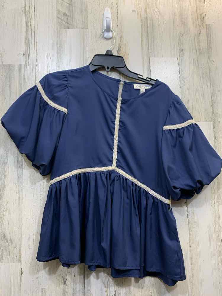 NWT SHE + SKY Tops Size S NAVY BLUE/WHITE BELL SLEEVES Blouse