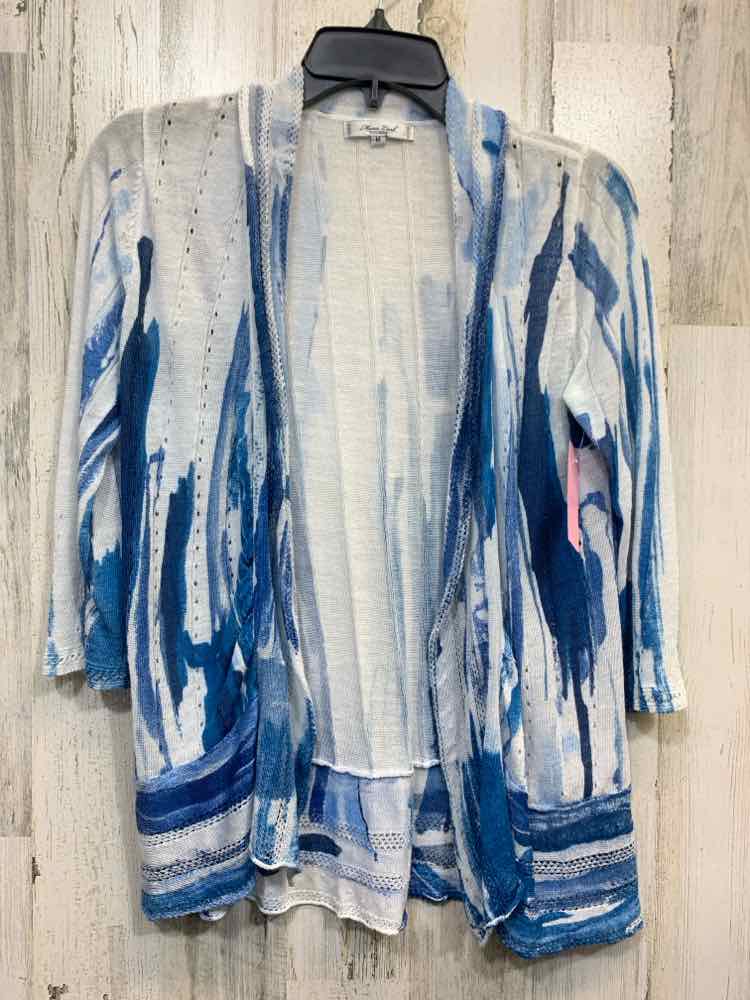 PRE-OWNED MONA LEAH Tops Size M WHITE/BLUE WATER COLORS CARDIGAN Cardigan/WHITE/