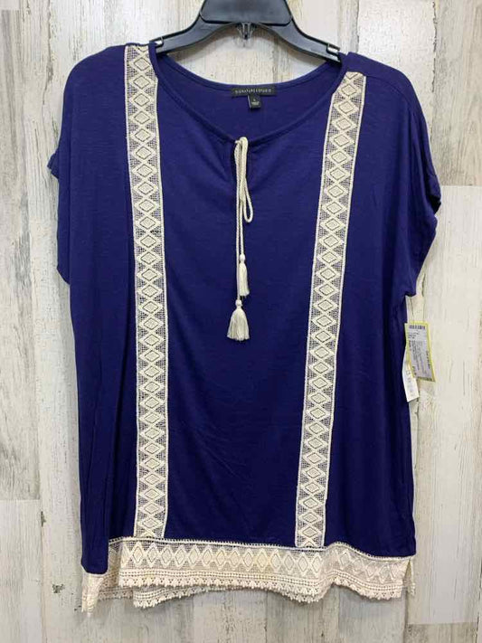 NWT SIGNATURE STUDIO Tops Size L NAVY/WHITE CROCHET SHORT SLEEVES Shirt/NAVY/WHI