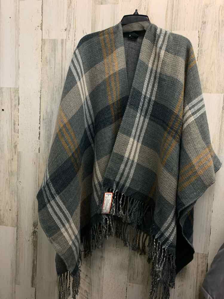 PRE-OWNED Tops Size One Size GRAY/BLACK/WHITE/TAN Plaid PONCHO PONCHO/GRAY/BLACK