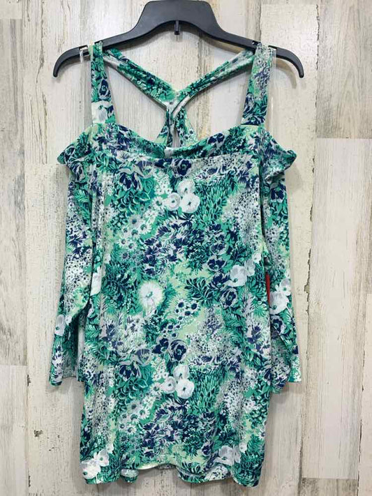 PRE-OWNED CATO Tops Size 1X GREEN/BLU Floral OFF SHOULDERS TOP/CRIS-CROSS TANK/W