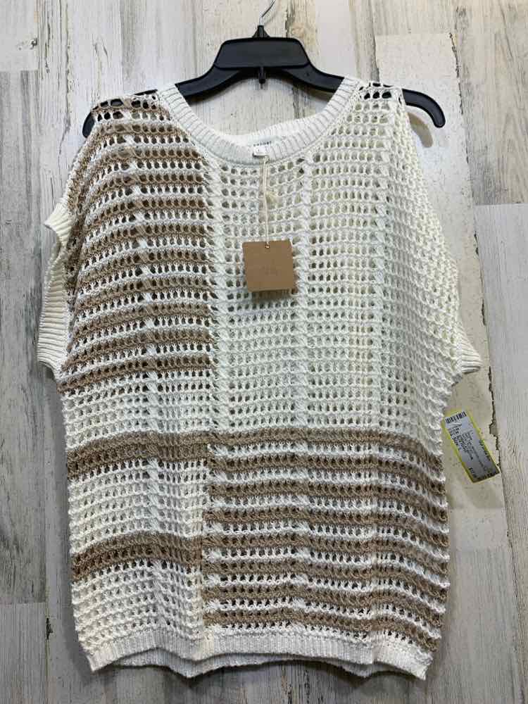 NWT BLUE PEPPER Tops Size L WHITE/TAN Crochet KNIT SHORT SLEEVES Blouse