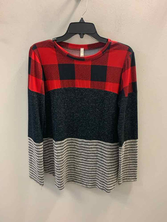 CELESTE Tops Size L RED/BLK/GRAY PLAID/STRIPE LONG SLEEVES TOP