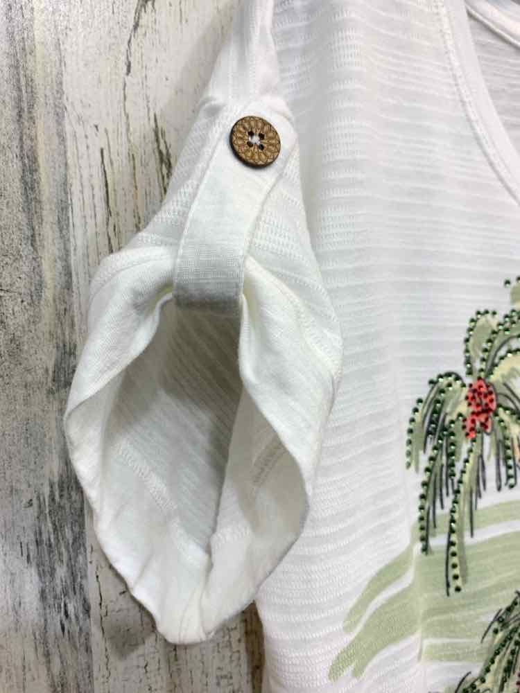 NWT THOMAS & OLIVIA Size L WHT/OLV PALM TREES SHORT SLEEVES/SCOOP NECK Blouse