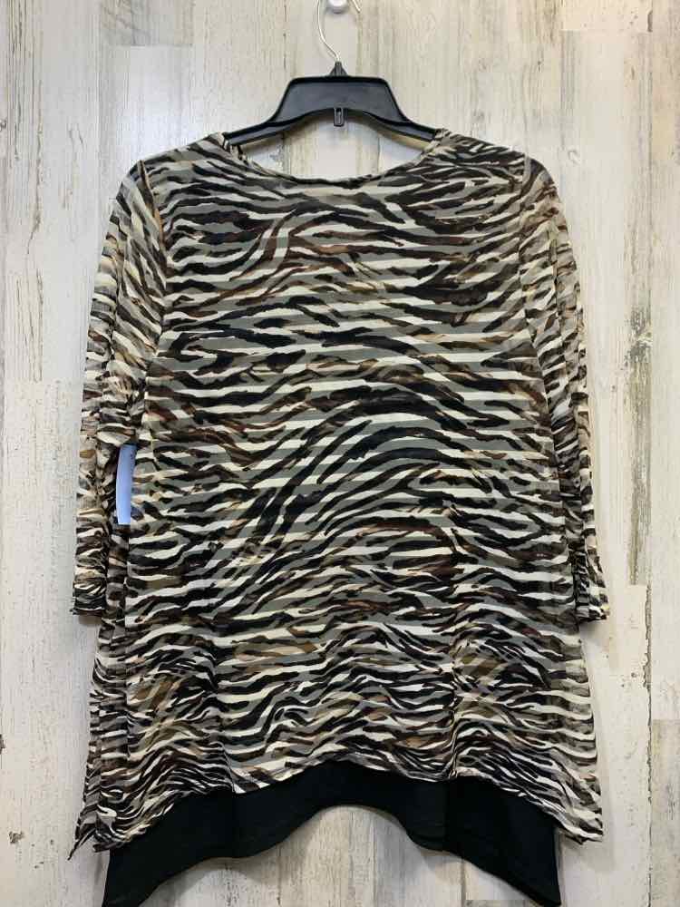 PRE-OWNED DANA BUCHMAN Tops Size XL BROWN/WHT ZEBRA 3/4 LENGTH TOP/SHEER ZEBRA T