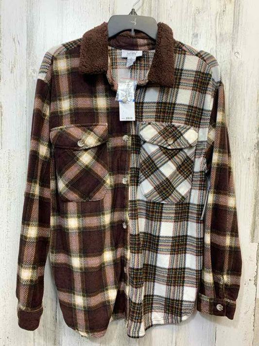 NWT JUST POLLY Tops Size L BRN/WHT Plaid LONG SLEEVES Shirt