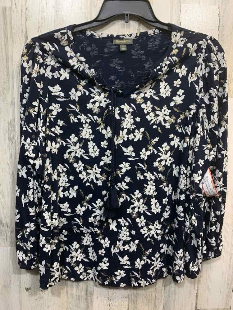 NWT STYLE & CO Tops Size 1X NAVY/WHT Floral PUFF SLEEVES Blouse