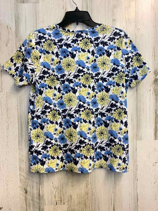 PRE-OWNED BASIC EDITIONS Tops Size M WHT/BLU/YLW Floral SHORT SLEEVES TOP