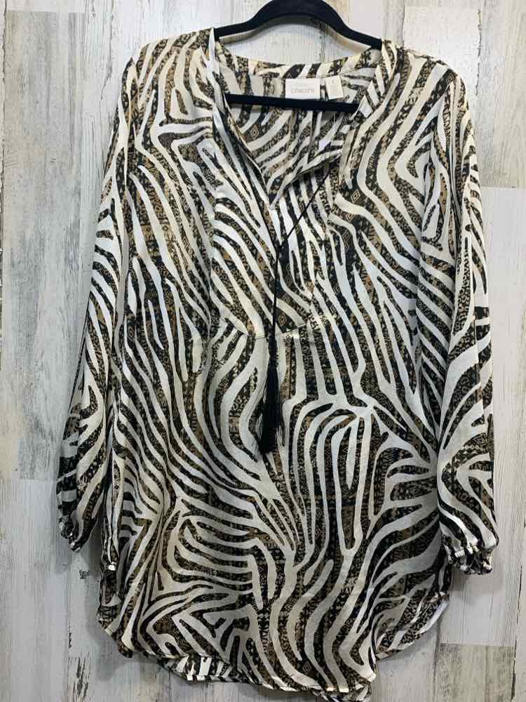 PRE-OWNED CHICO'S Tops Size M BRN/BLK/WHT ZEBRA 3/4 SLEEVE TOP/V CUT NECK W/ TAS