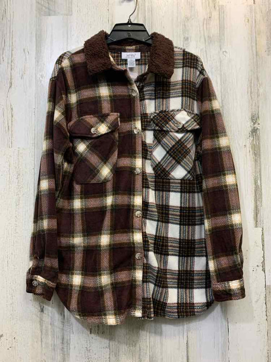 NWT JUST POLLY Tops Size M BRN/WHT Plaid LONG SLEEVES Shirt