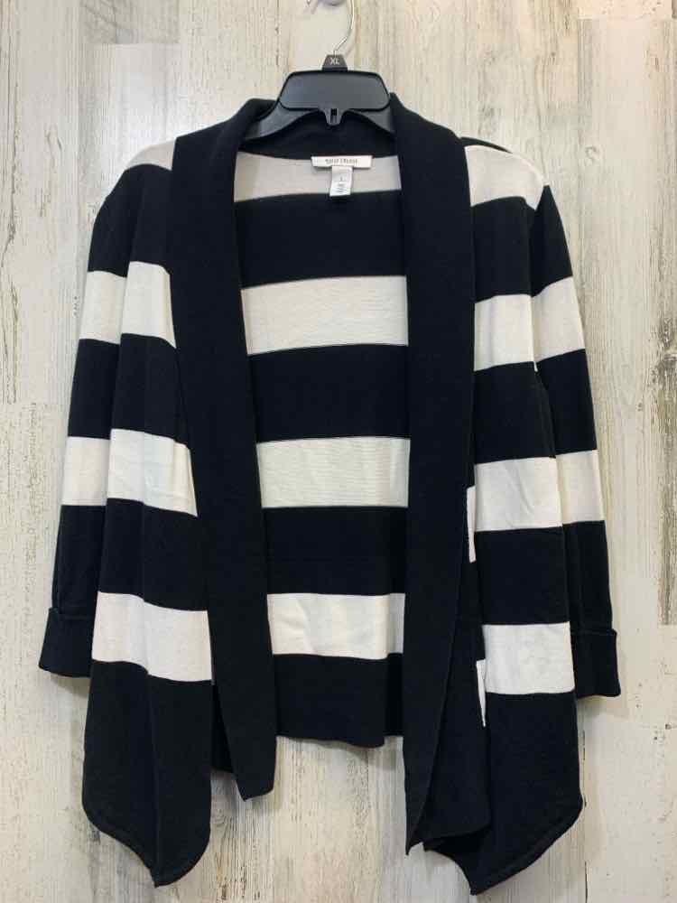 PRE-OWNED WHITE HOUSE Tops Size L BLACK/WHITE STRIPES CARDIGAN Cardigan/BLACK/WH