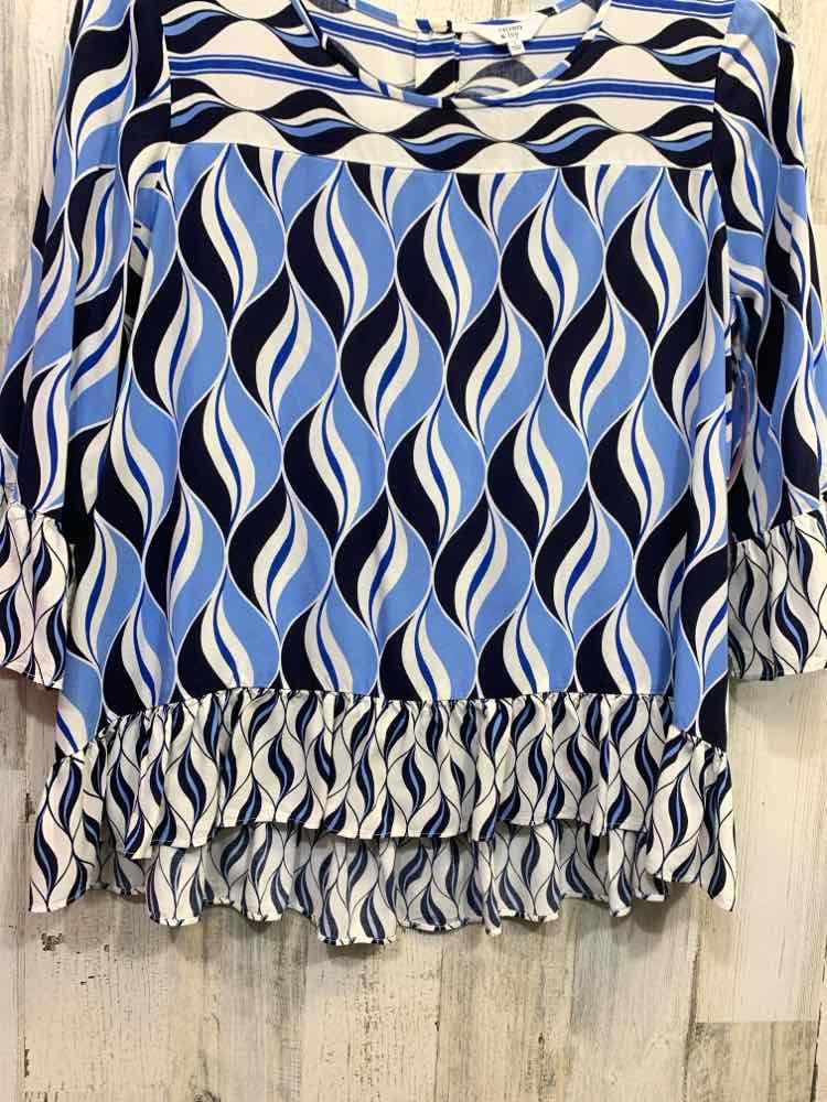 PRE-OWNED CROWN & IVY Tops Size L WHT/NVY/BLU 3/4 SLEEVE Blouse