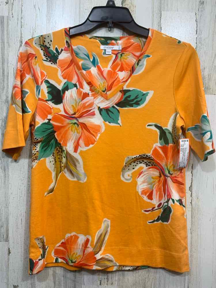 PRE-OWNED CHICO'S Size 1 Tops Orange Floral SHORT SLEEVES V NECK Blouse
