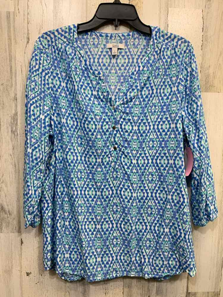 PRE-OWNED CROFT & BARROW Tops Size L WHT/GRN/BLU DIAMONDS TAB SLEEVE Blouse