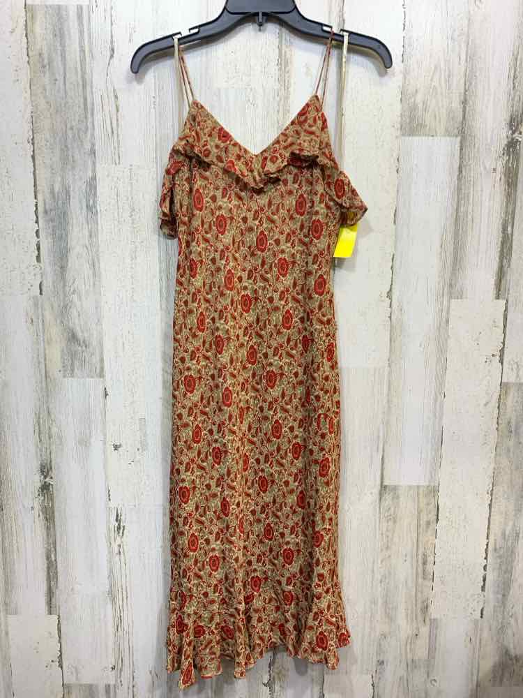 PRE-OWNED Ralph Lauren Dresses and Skirts Size M TAN/RED Floral Dress/RUFFLE NEC
