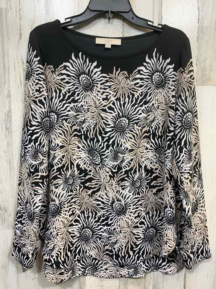 PRE-OWNED LOFT Size M Tops WHT/BLK/BGE SCOOP NECK Floral LONG SLEEVE BLOUSE