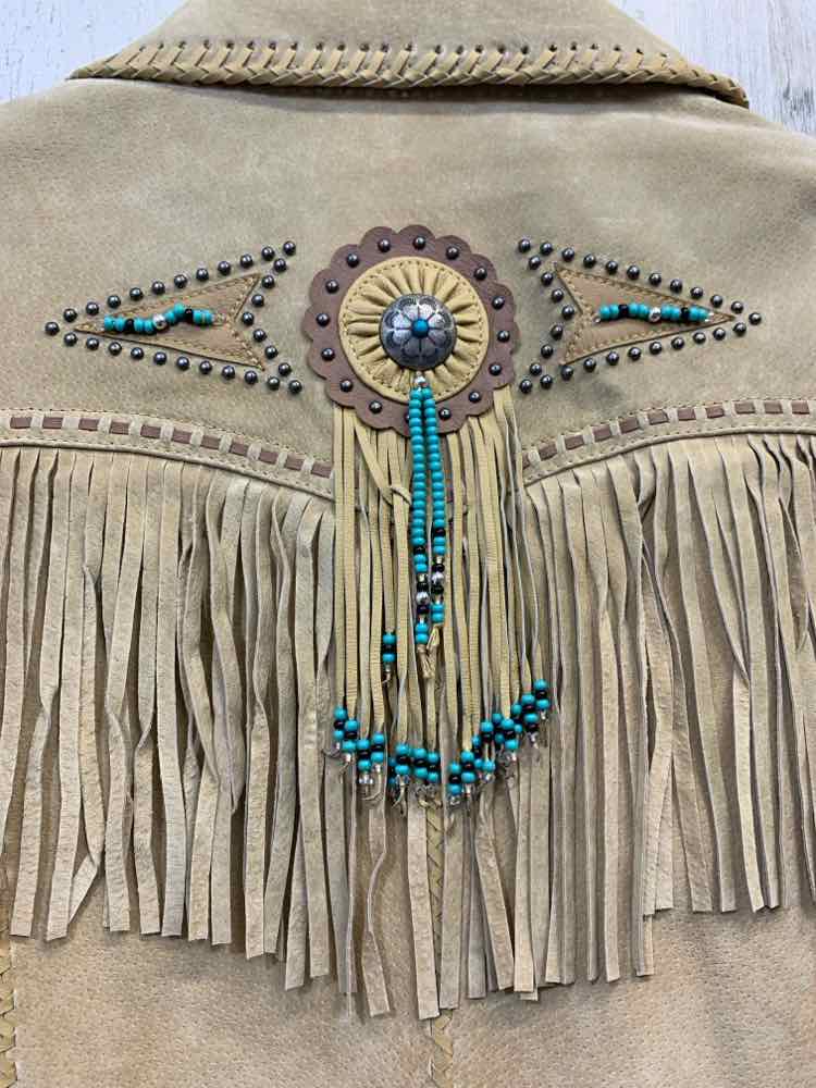 NWT SCULLY JACKETS / COATS Size L Beige LEATHER Jacket FRINGE & BEADED BOAR SUED