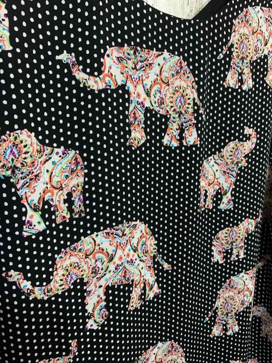 PRE-OWNED CHICO'S Tops Size 1 BLK/WHT Polka Dot CAP SLEEVE/ELEPHANT PRINT Blouse