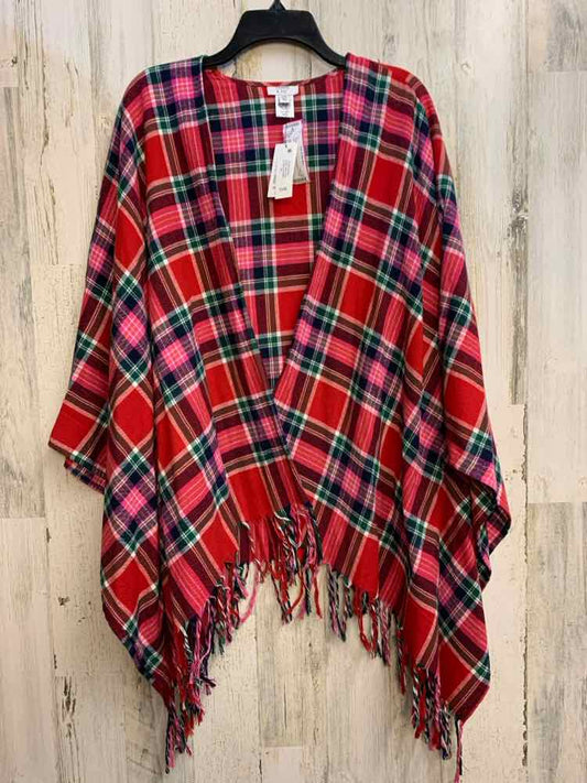 NWT CROWN & IVY PLUS SIZES Size XXL RED/PNK/BLU Plaid PONCHO/FRINGE HEM