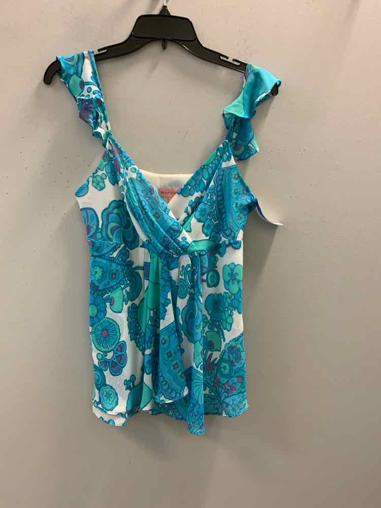 BANDOLINO Tops Size 10 WHT/AQUA/PURP Floral SPAGHETTI STRAP TOP