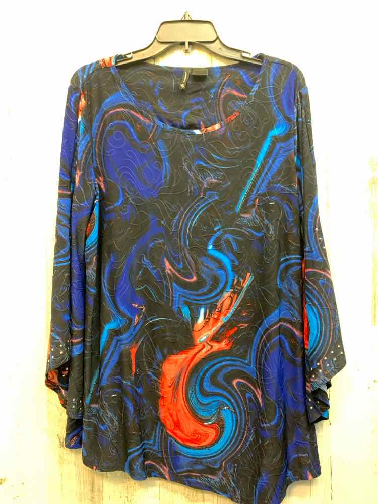 NEW DIRECTIONS Tops Size L BLK/BLU/RED SWIRLS FLARE SLEEVE TOP