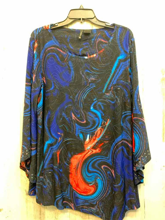 NEW DIRECTIONS Tops Size L BLK/BLU/RED SWIRLS FLARE SLEEVE TOP