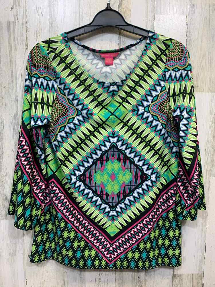 PRE-OWNED SUNNY LEIGH Tops Size XL GREEN/BLUE/BLACK ABSTRACT 3/4 LENGTH Shirt/3/