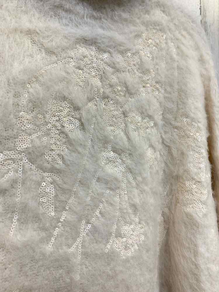 NWT DONNA KARAN Size L Tops Cream FUZZY LONG SLEEVE/SEQUIN W/MOCK NECK SWEATER