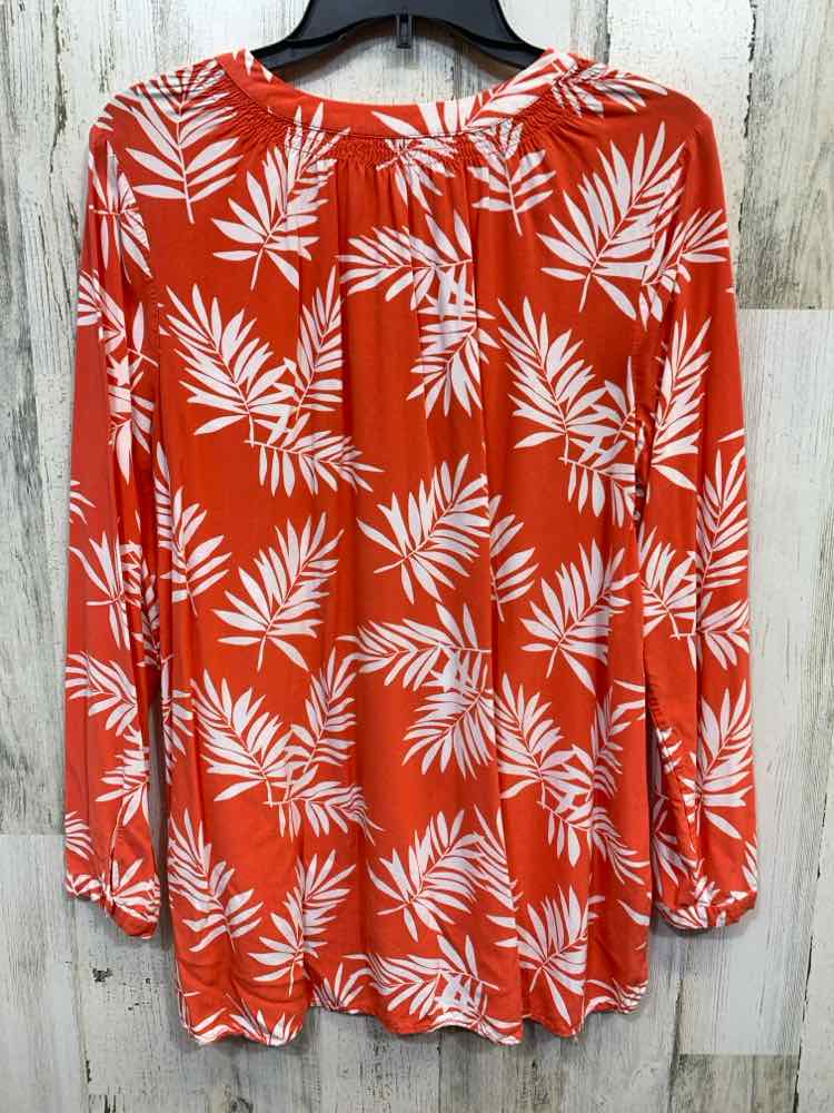 PRE-OWNED CROWN & IVY Tops Size M PEACH/WHITE TROPICAL LONG SLEEVES Blouse/TROPI