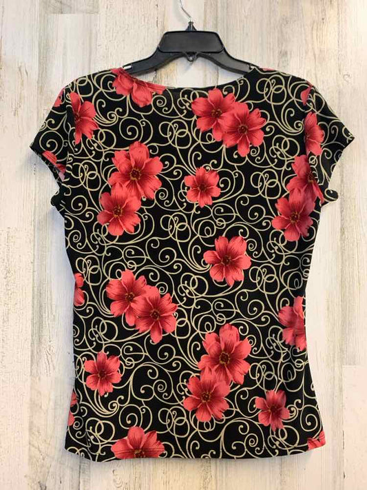 SUSAN LAWRENCE Tops Size L BLK/DARK PINK/TAN FLOWERS SHORT SLEEVES TOP