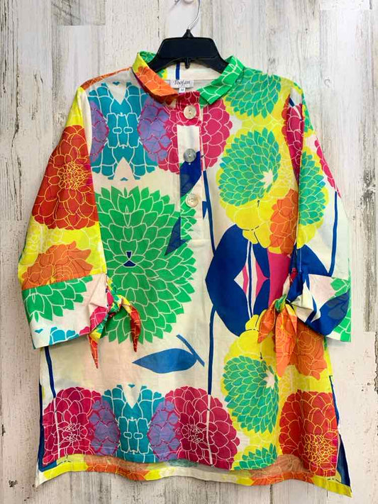 PRE-OWNED TOOFAN Tops Size M Multi-Color Floral 3/4 SLEEVE TOP/3 BUTTONS