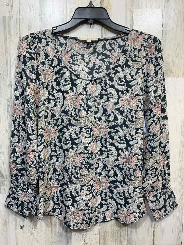 PRE-OWNED LOFT Size M Tops GRN/WHT/PNK SCOOP NECK Floral LONG SLEEVE BLOUSE