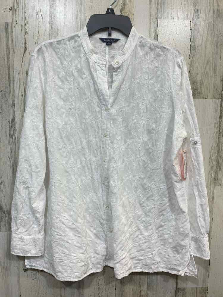 PRE-OWNED LANDS END Size L White LONG SLEEVES FORAL EMBROIDERY BUTTON UP SHIRT